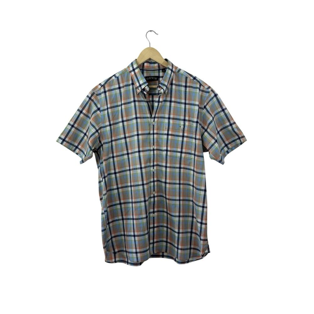 Orvis Large Button Front Shirt Short Sleeve Plaid Cotton Casual Mens